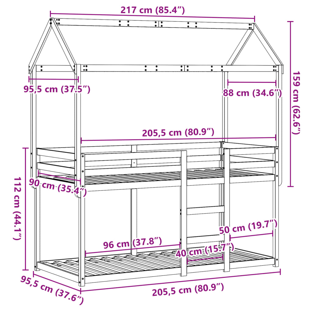 Stapelbed met bedhuis massief grenenhout wasbruin 90x200 cm