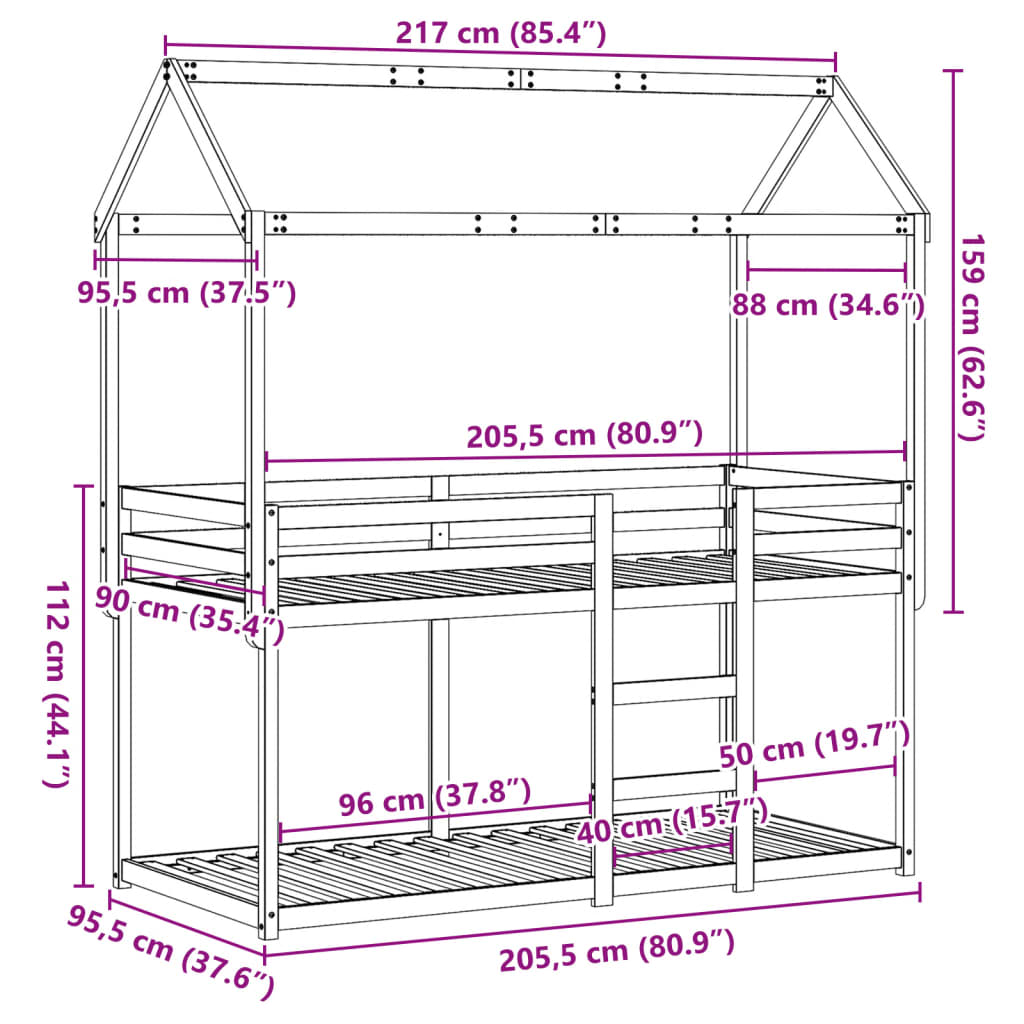 Kinderbedhuis massief grenenhout 90x200 cm
