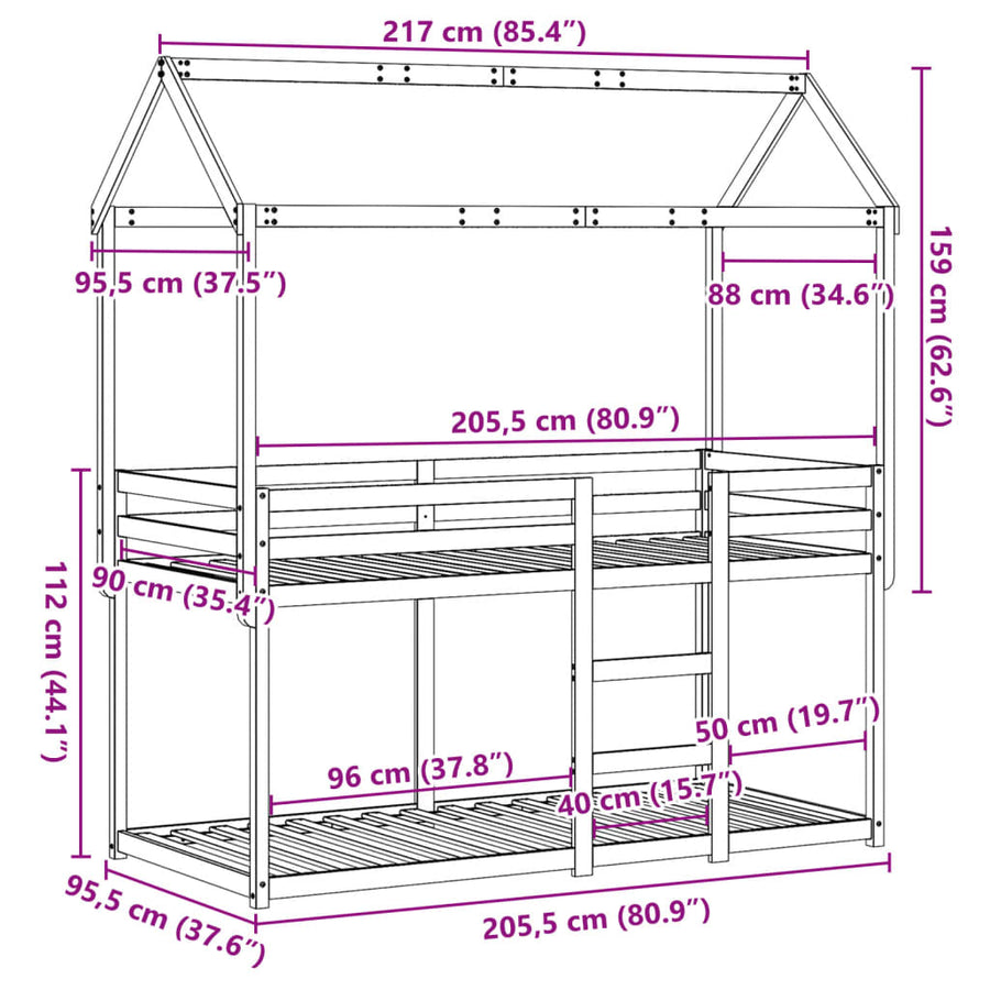 Kinderbedhuis massief grenenhout 90x200 cm