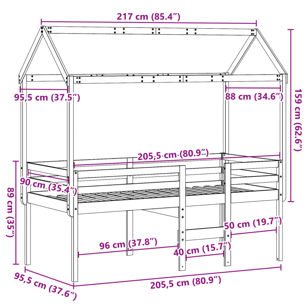 Hoogslaper met dak massief grenenhout wit 90x200 cm