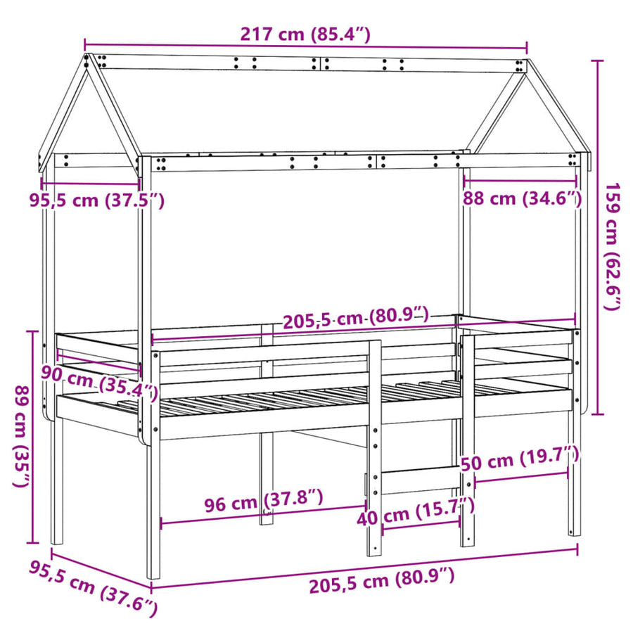 Hoogslaper met dak massief grenenhout wasbruin 90x200 cm
