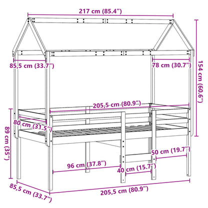 Hoogslaper met bedhuis massief grenenhout 80x200 cm