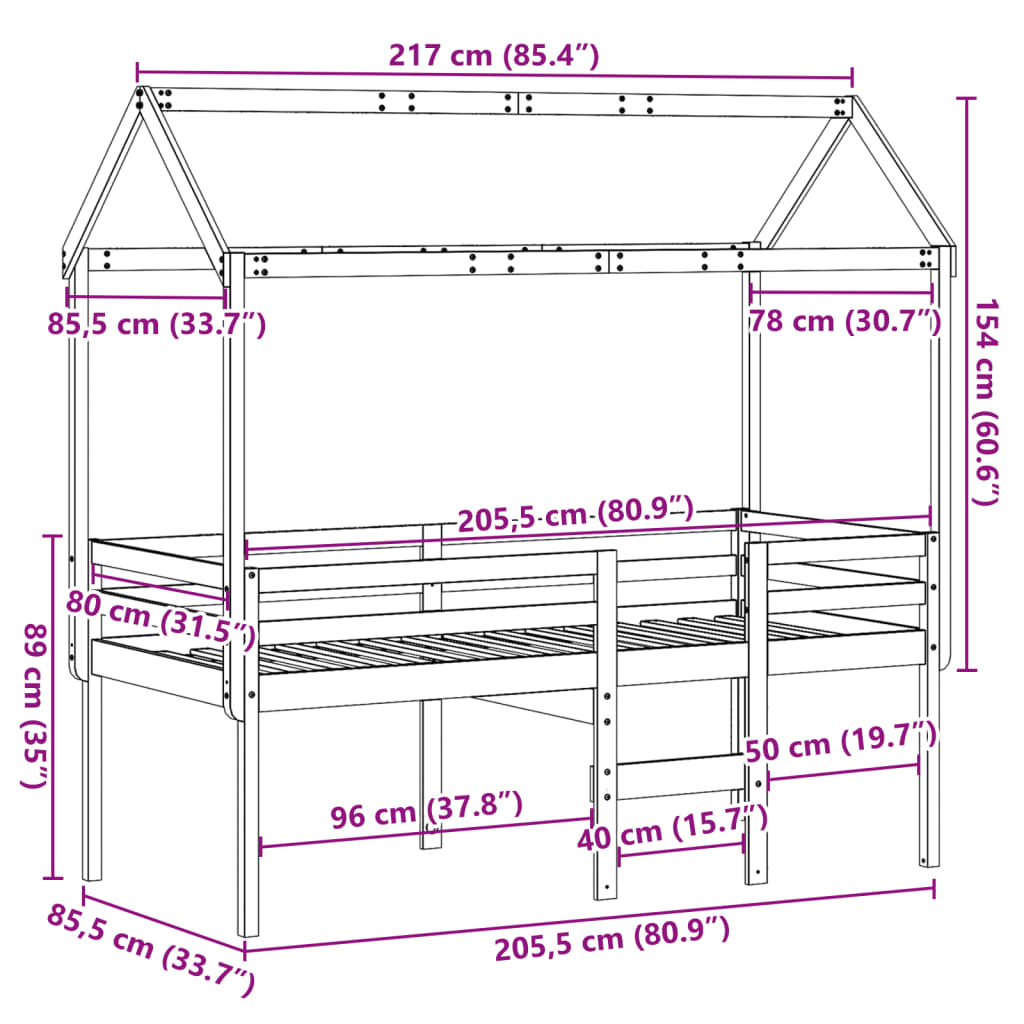 Hoogslaper met dak massief grenenhout wit 80x200 cm