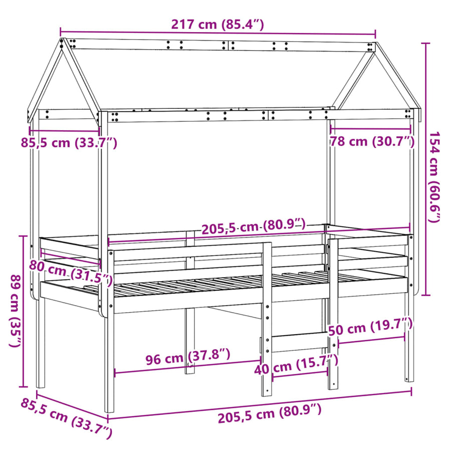Hoogslaper met bedhuis massief grenenhout wasbruin 80x200 cm