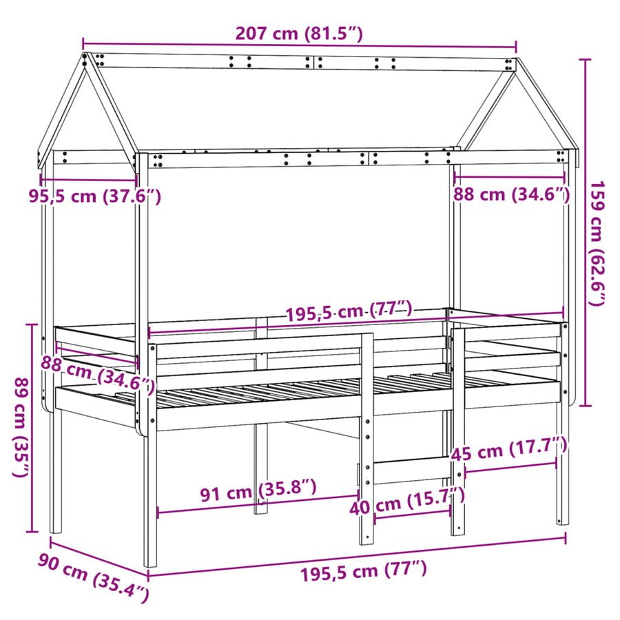 Hoogslaper met dak massief grenenhout 90x190 cm