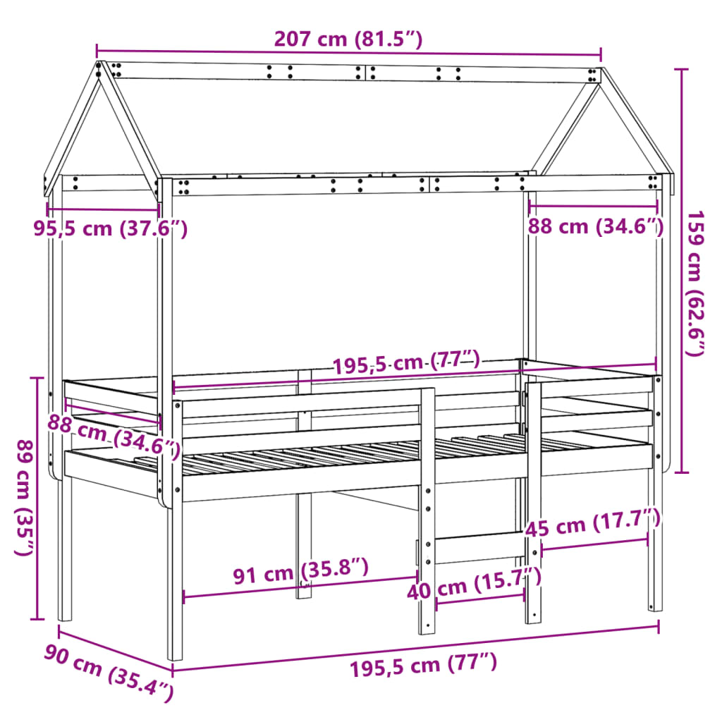 Hoogslaper met dak massief grenenhout wasbruin 90x190 cm