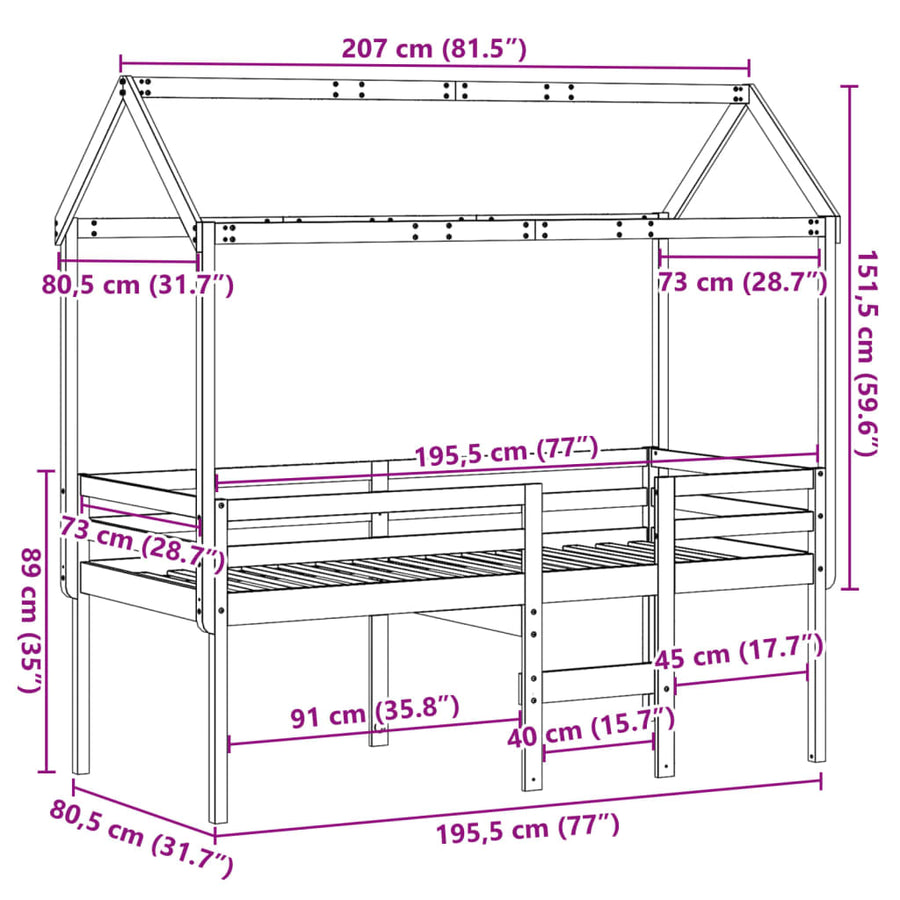 Hoogslaper met dak massief grenenhout wit 75x190 cm