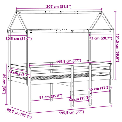 Hoogslaper met dak massief grenenhout wasbruin 75x190 cm