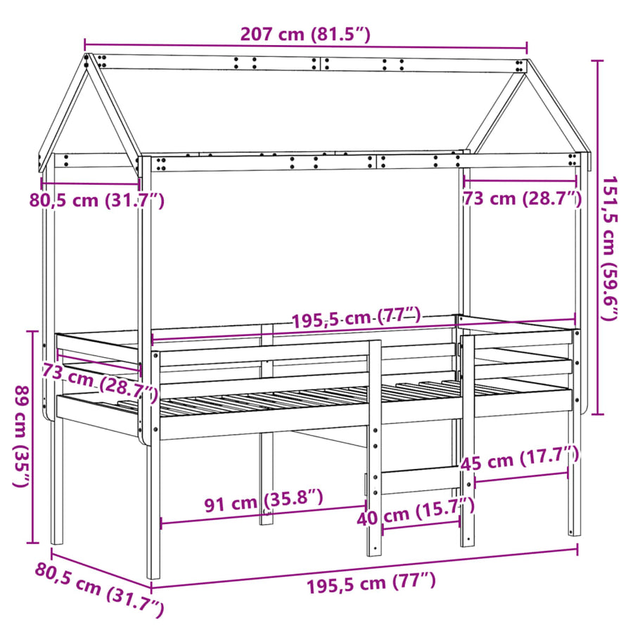 Hoogslaper met dak massief grenenhout wasbruin 75x190 cm