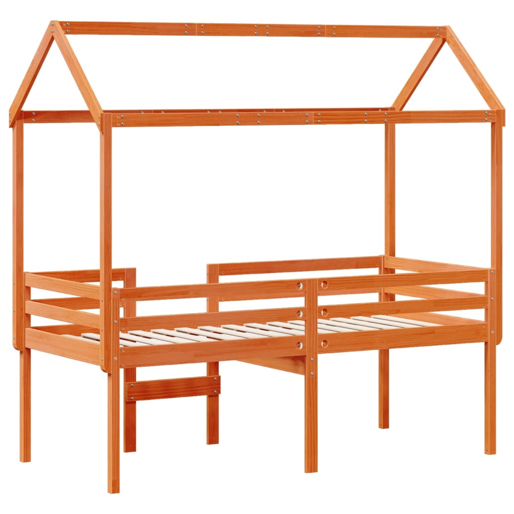 Hoogslaper met dak massief grenenhout wasbruin 75x190 cm