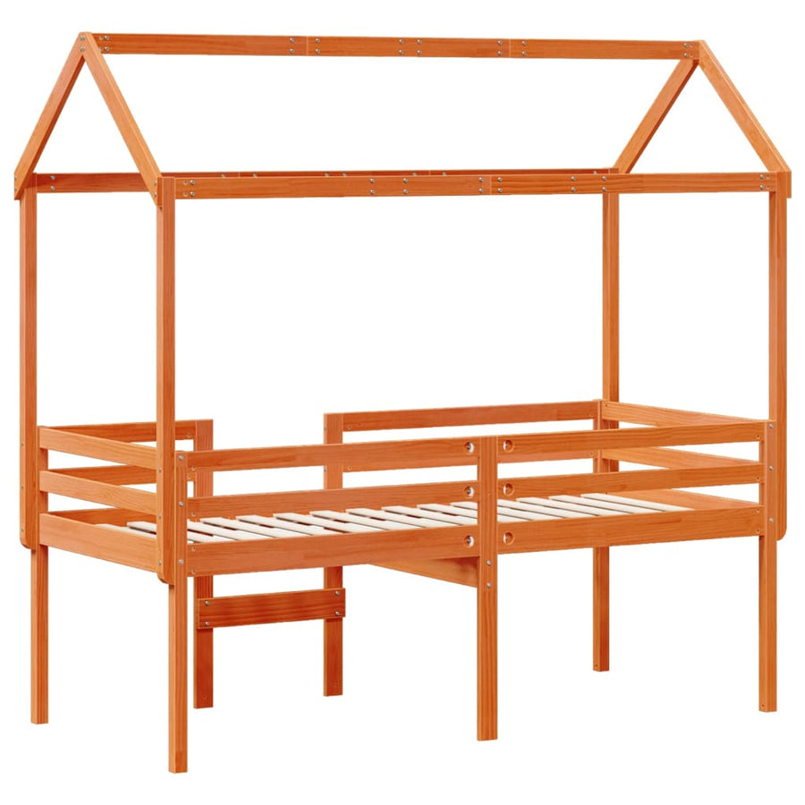 Hoogslaper met dak massief grenenhout wasbruin 75x190 cm