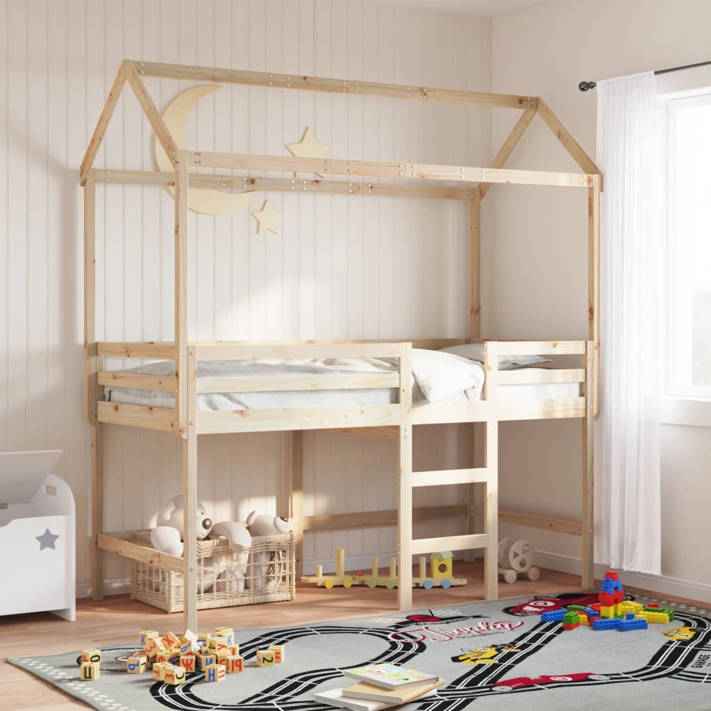 Halfhoogslaper met ladder en bedhuis grenenhout 90x190 cm