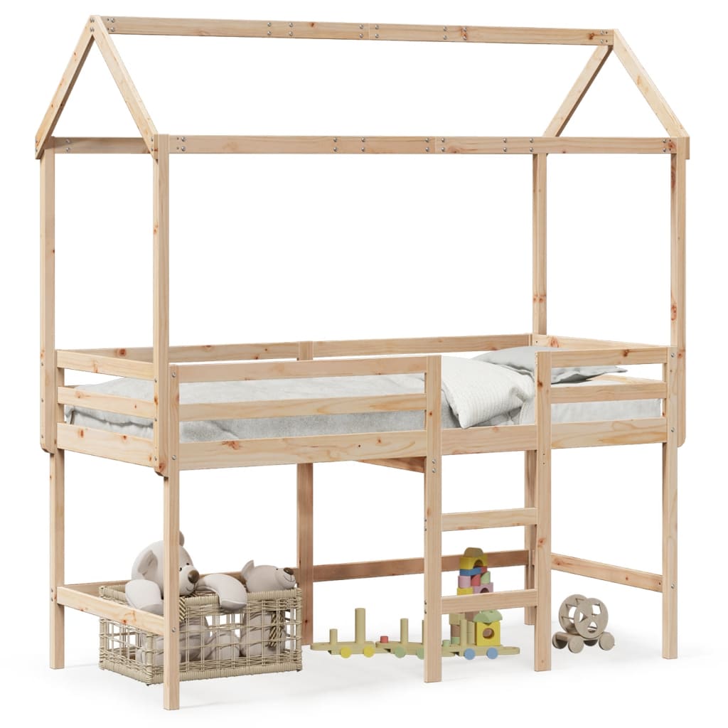 Halfhoogslaper met ladder en bedhuis grenenhout 90x190 cm