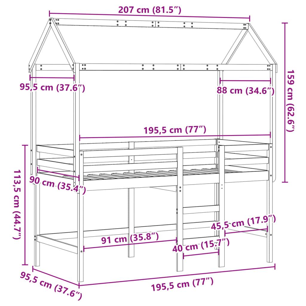 Halfhoogslaper met ladder en bedhuis grenenhout wit 90x190 cm
