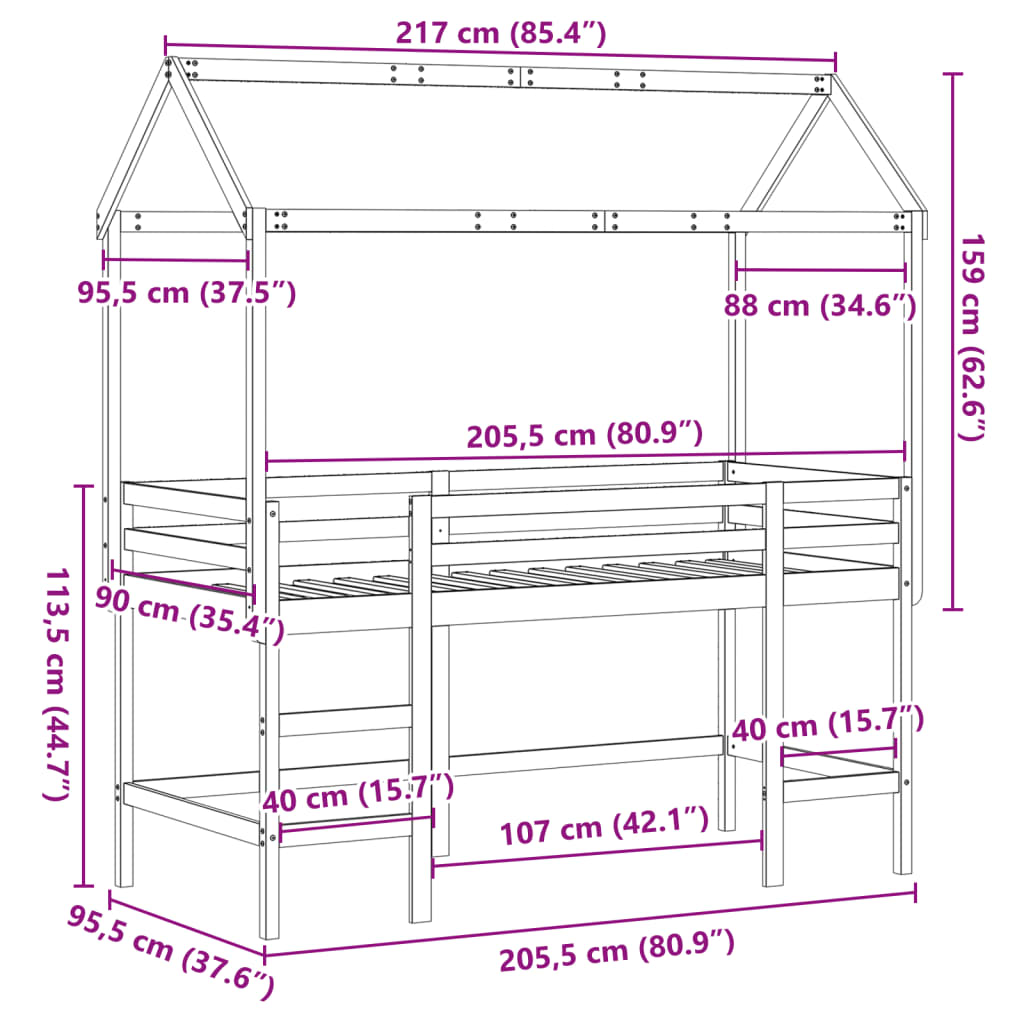Halfhoogslaper met ladder en bedhuis grenenhout 90x200 cm