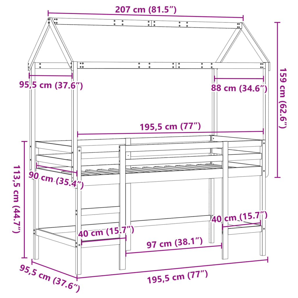 Halfhoogslaper met ladder en bedhuis grenenhout 90x190 cm