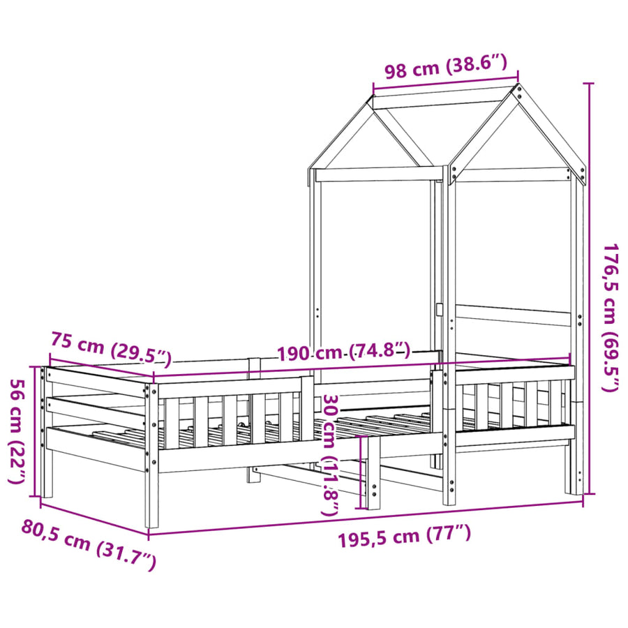 Bedframe met huisje massief grenenhout wit 75x190 cm