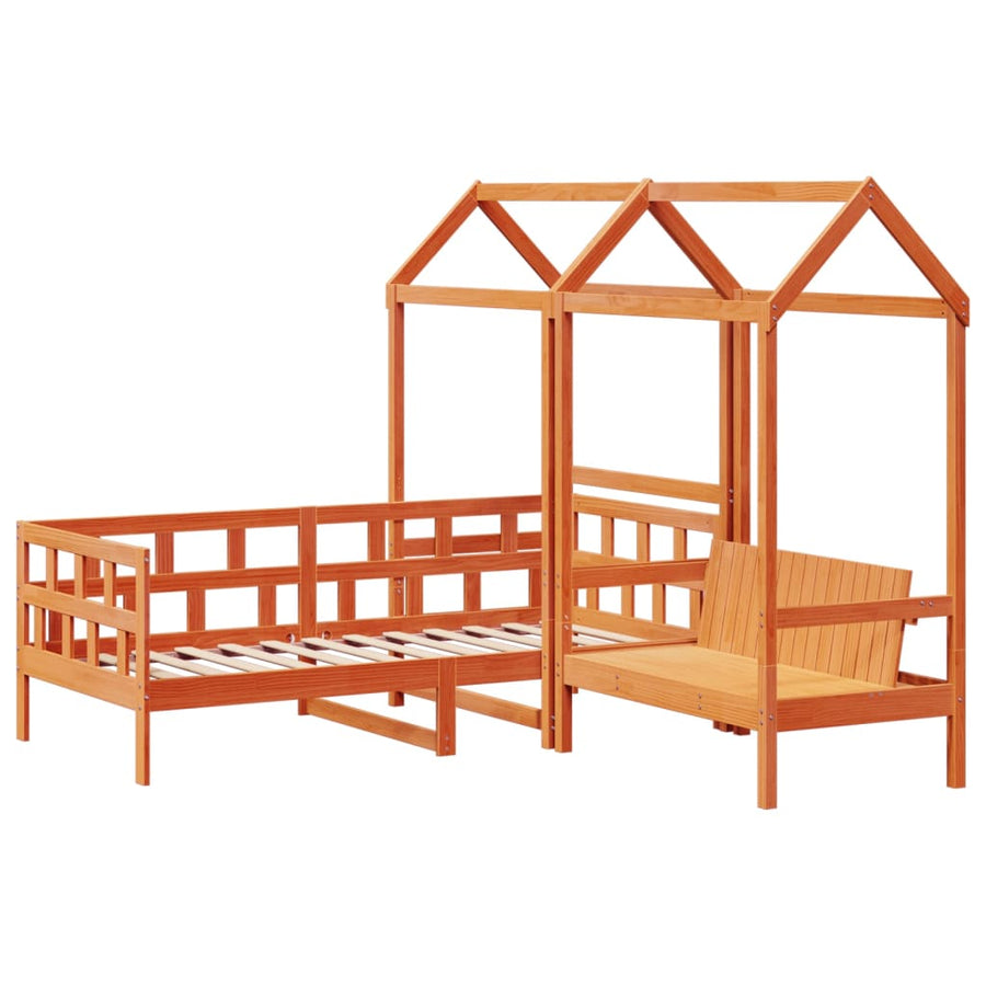 Kinderbedset met huisje massief grenenhout wasbruin 90x200 cm