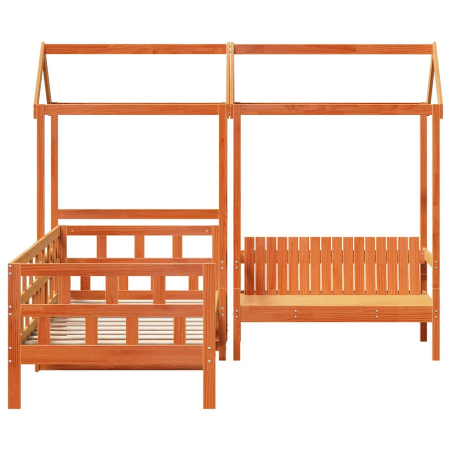 Kinderbedset met huisje massief grenenhout wasbruin 90x200 cm