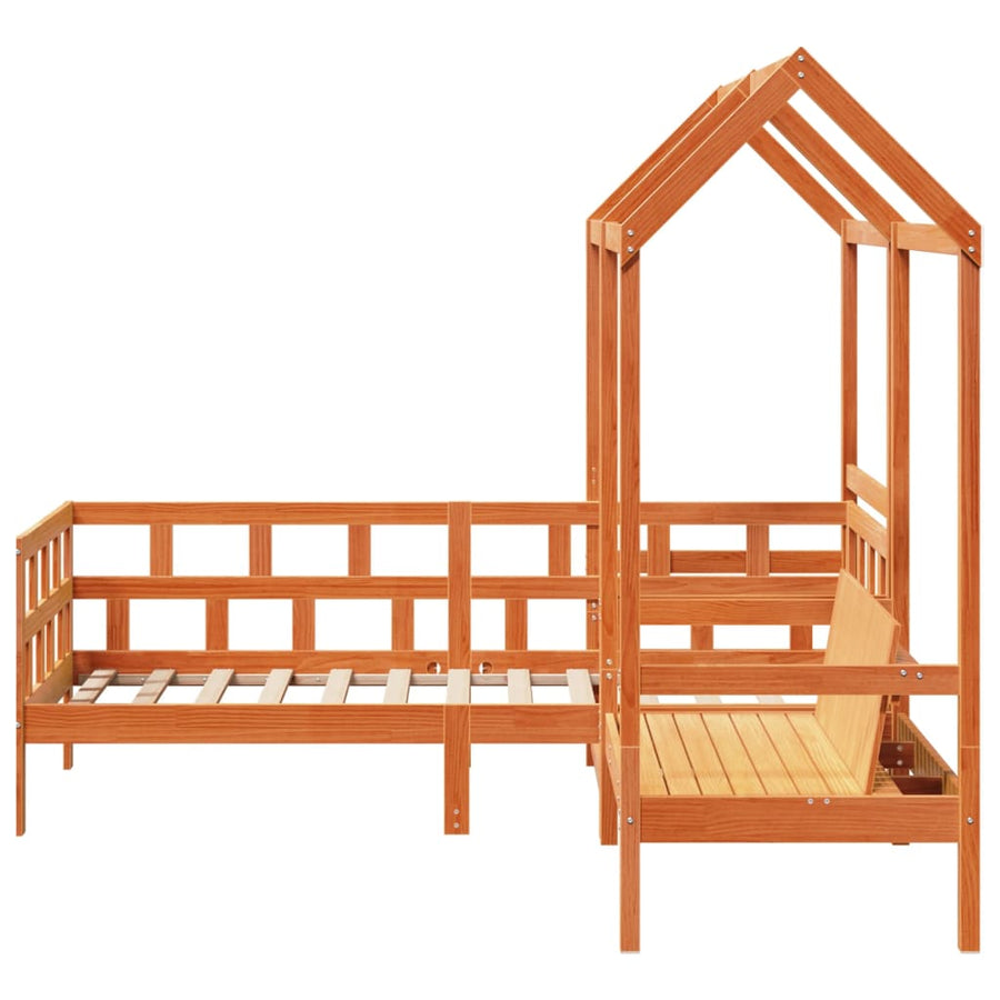 Kinderbedset met huisje massief grenenhout wasbruin 90x200 cm