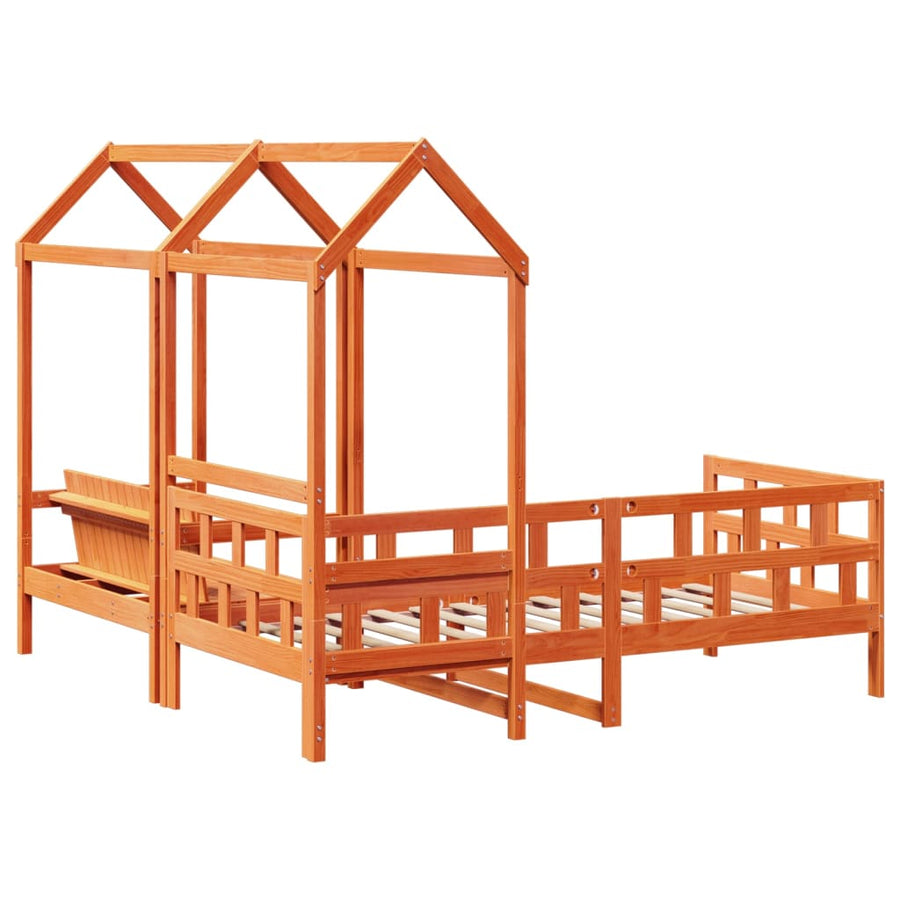 Kinderbedset met huisje massief grenenhout wasbruin 90x200 cm