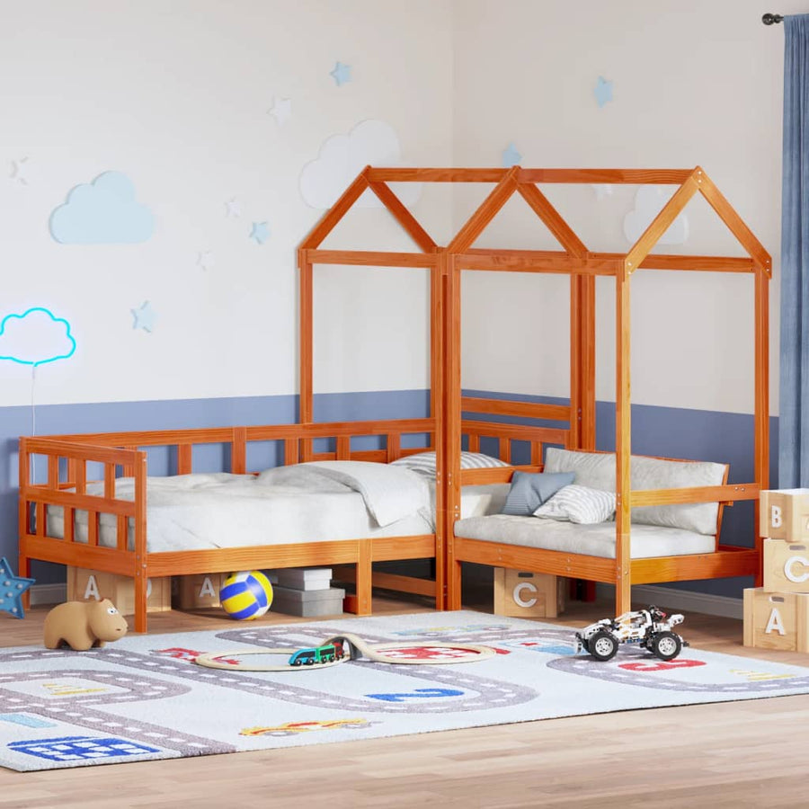 Kinderbedset met huisje massief grenenhout wasbruin 80x200 cm