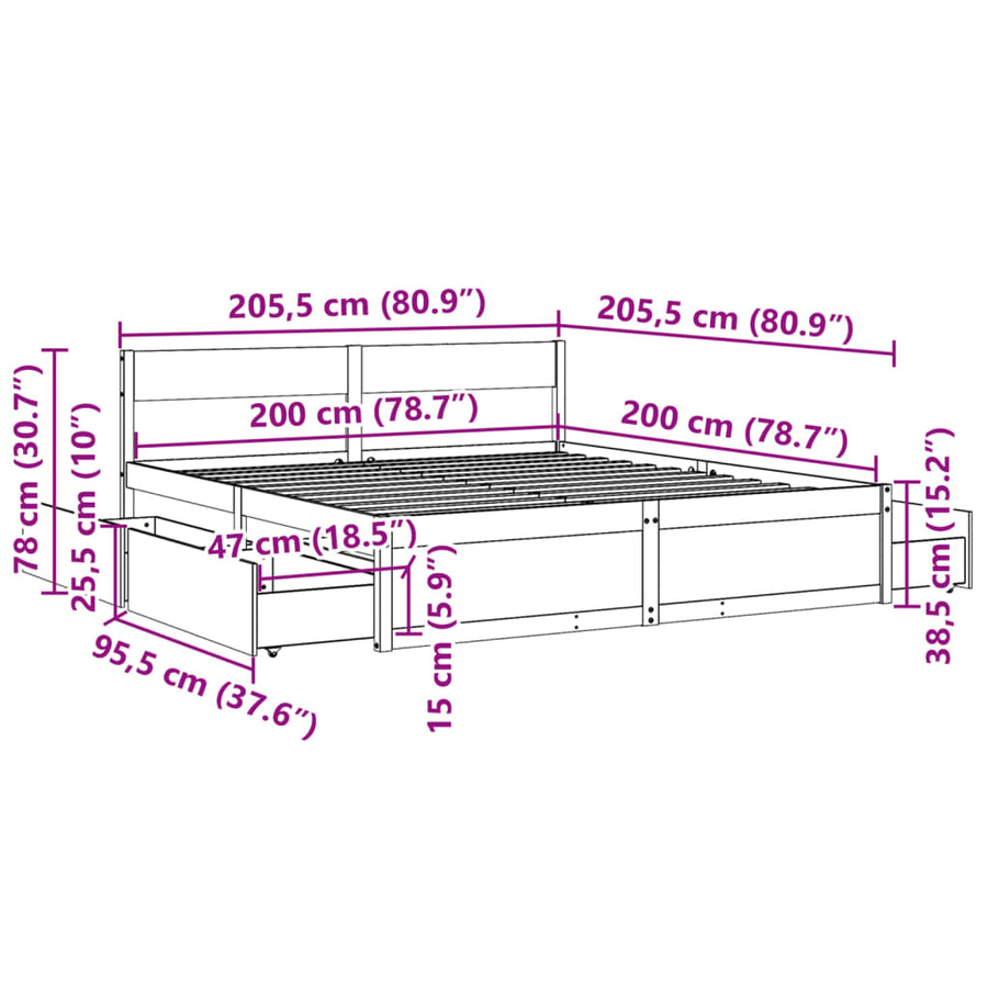 Bedframe met lades massief grenenhout 200x200 cm