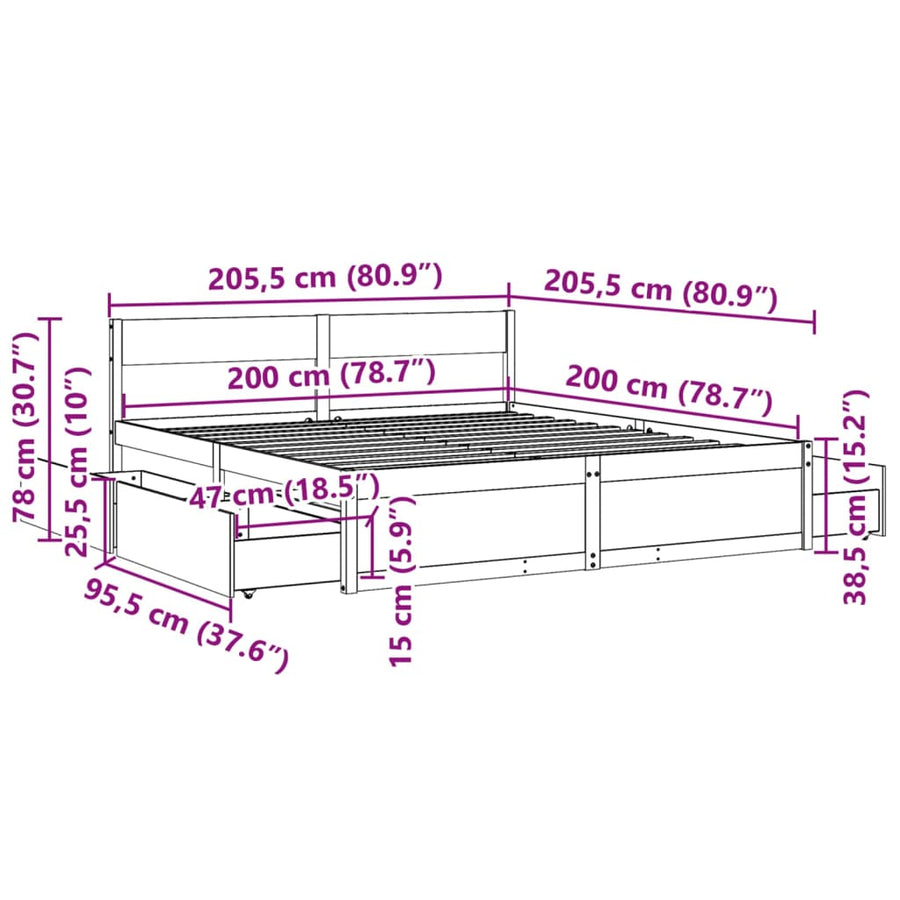 Bedframe met lades massief grenenhout wit 200x200 cm