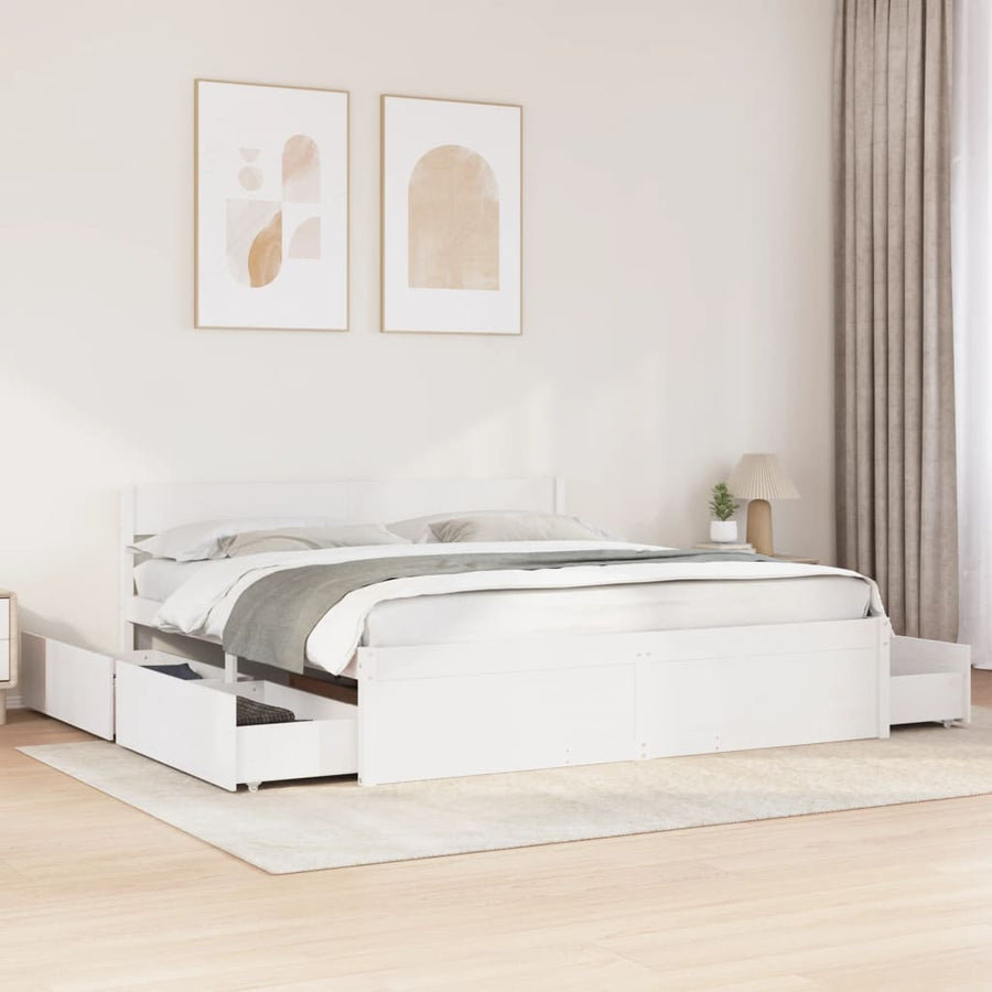 Bedframe met lades massief grenenhout wit 180x200 cm