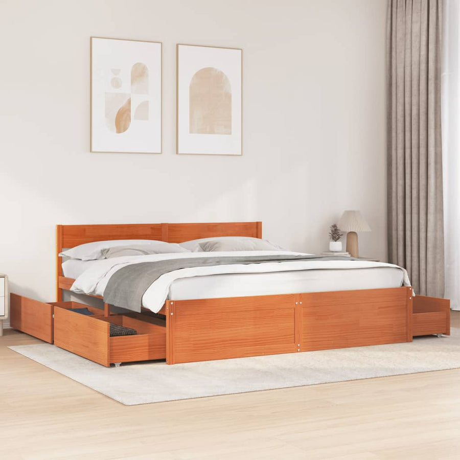 Bedframe met lades massief grenenhout wasbruin 180x200 cm