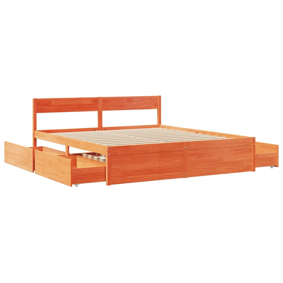 Bedframe met lades massief grenenhout wasbruin 180x200 cm