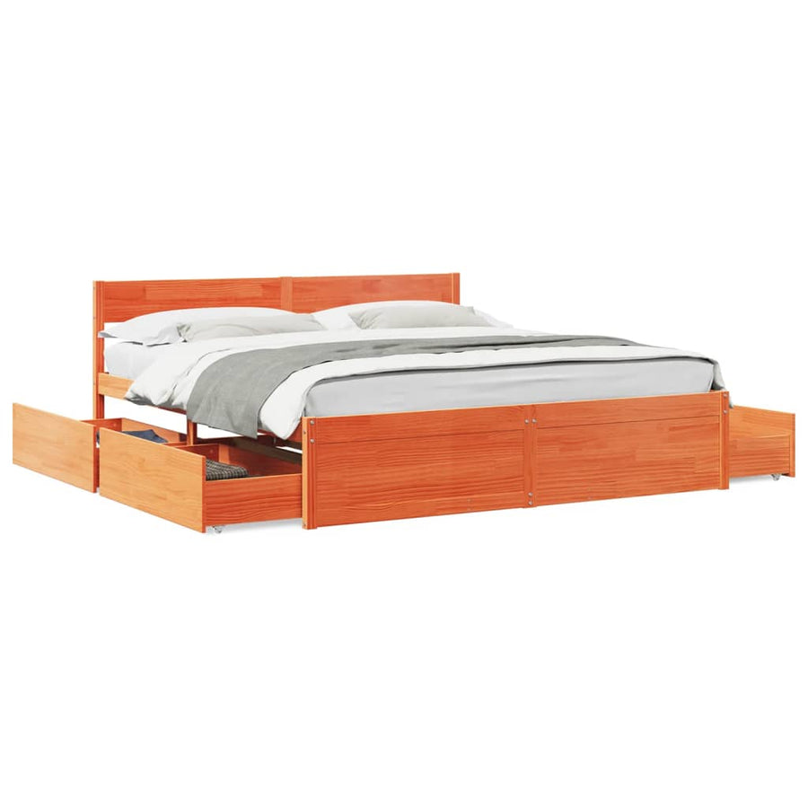 Bedframe met lades massief grenenhout wasbruin 180x200 cm