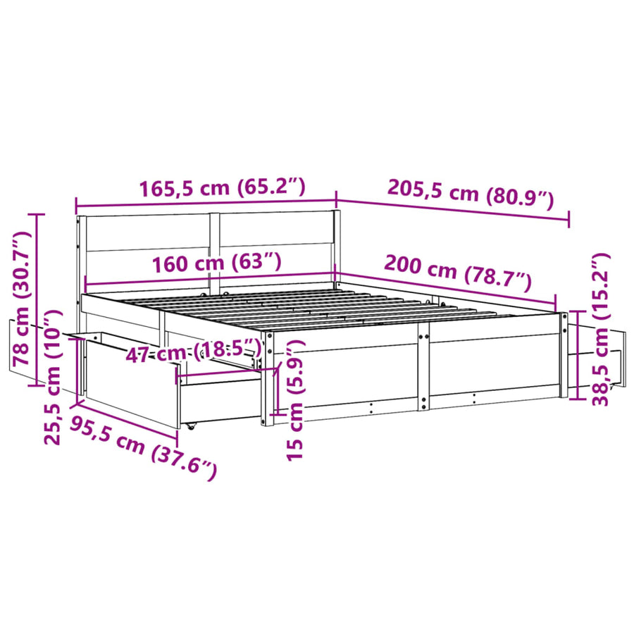 Bedframe met lades massief grenenhout wit 160x200 cm