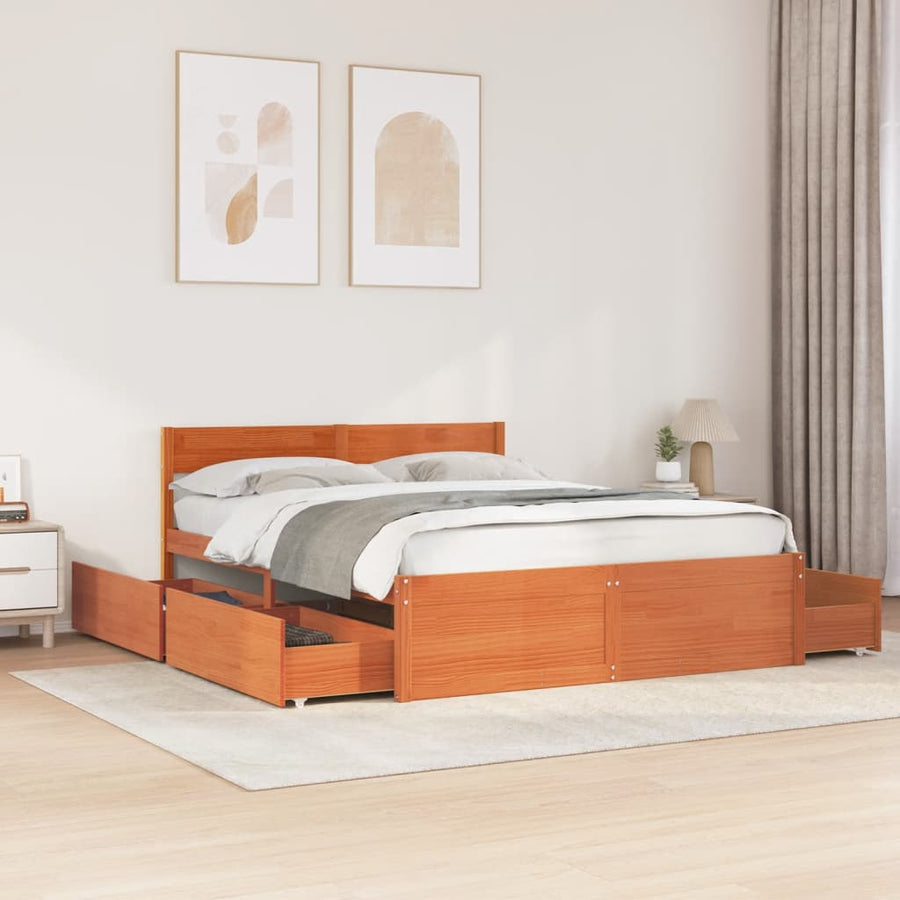 Bedframe met lades massief grenenhout wasbruin 160x200 cm
