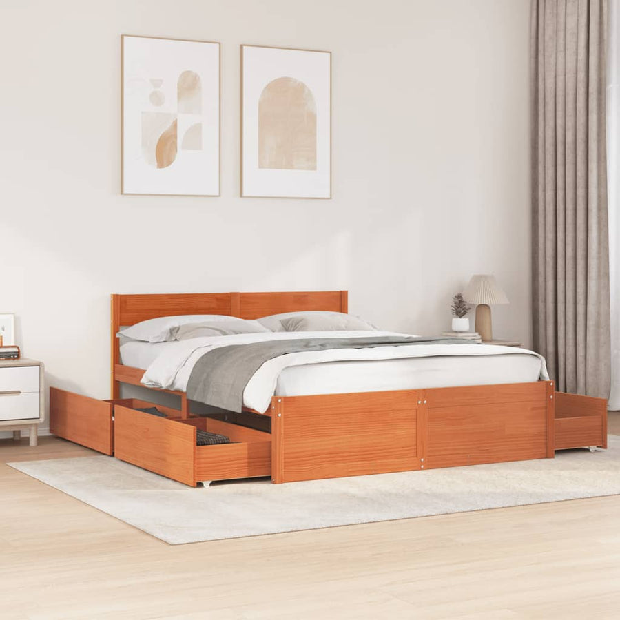 Bedframe met lades massief grenenhout wasbruin 150x200 cm