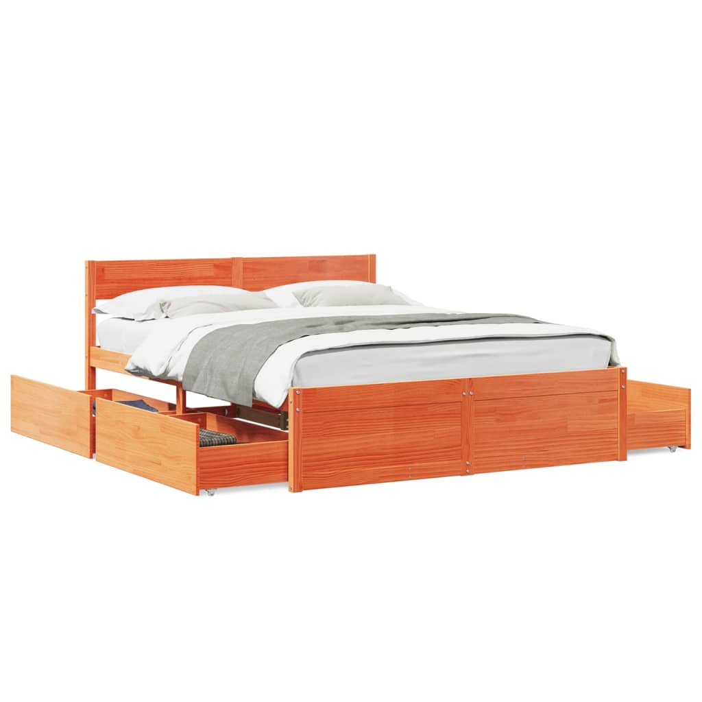 Bedframe met lades massief grenenhout wasbruin 150x200 cm