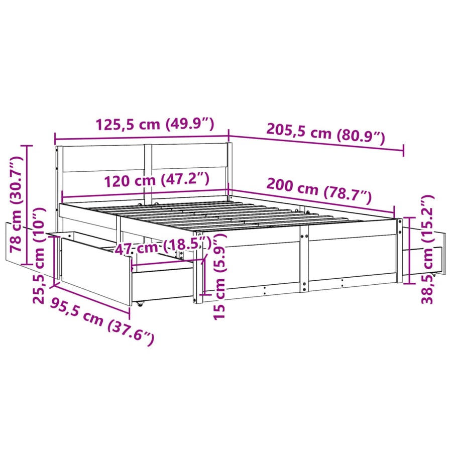 Bedframe met lades massief grenenhout 120x200 cm