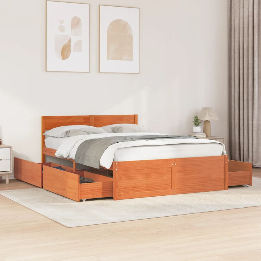 Bedframe met lades massief grenenhout wasbruin 140x190 cm