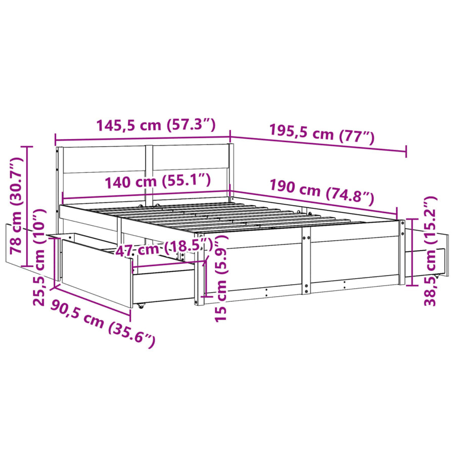 Bedframe met lades massief grenenhout wasbruin 140x190 cm