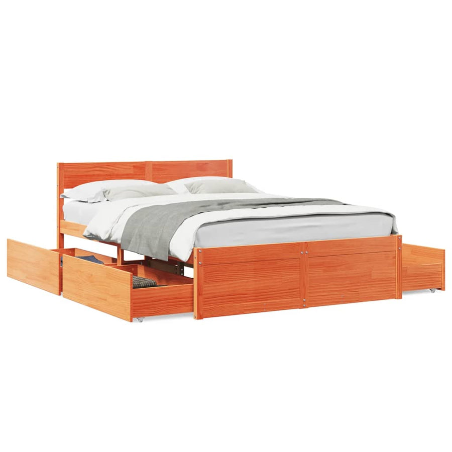 Bedframe met lades massief grenenhout wasbruin 140x190 cm