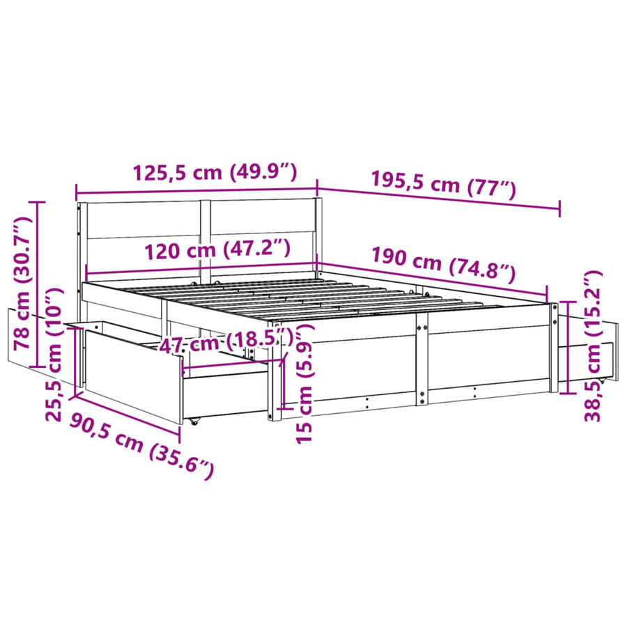 Bedframe met lades massief grenenhout wit 120x190 cm