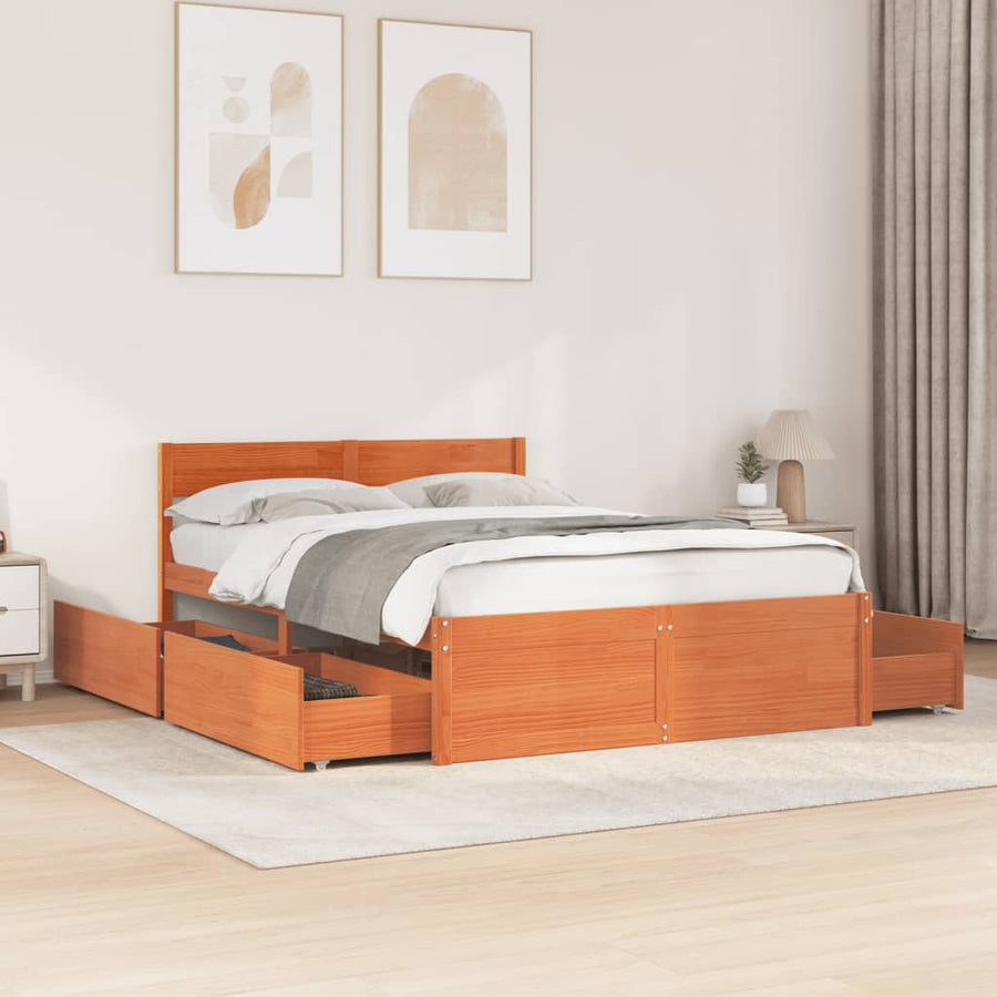 Bedframe met lades massief grenenhout wasbruin 120x190 cm