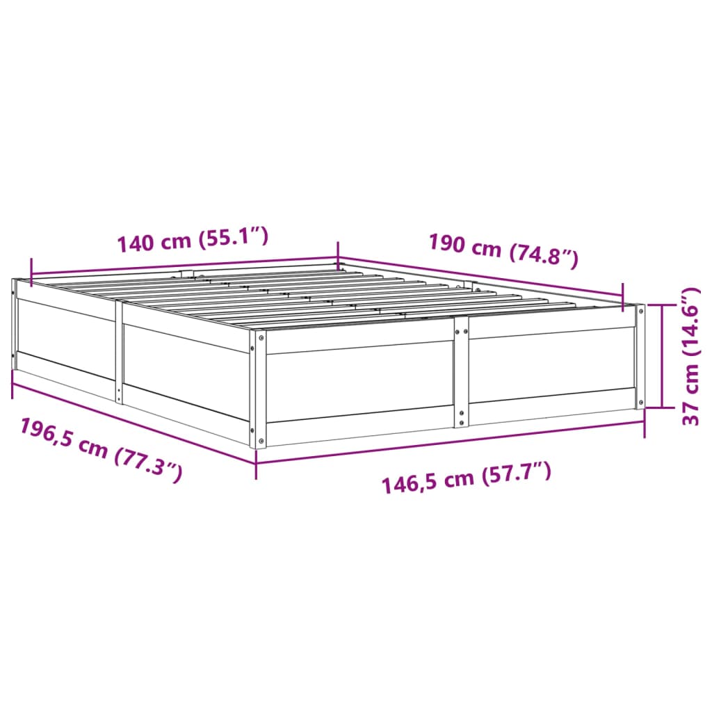 Bedframe massief grenenhout wasbruin 140x190 cm