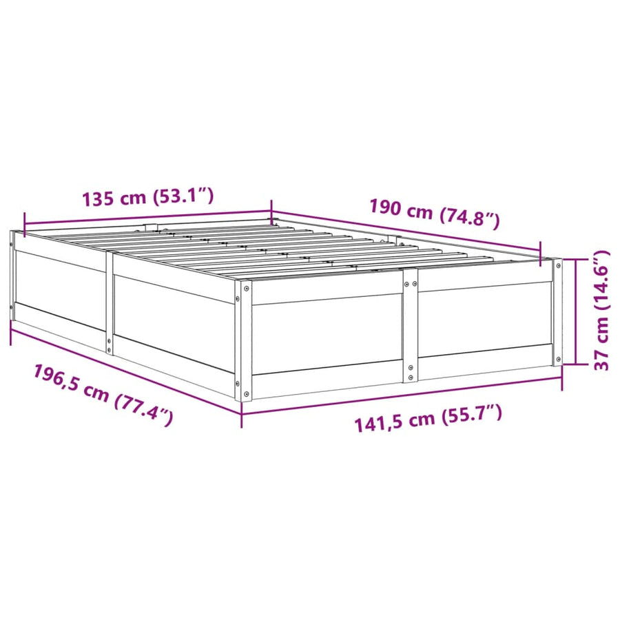 Bedframe massief grenenhout wasbruin 135x190 cm