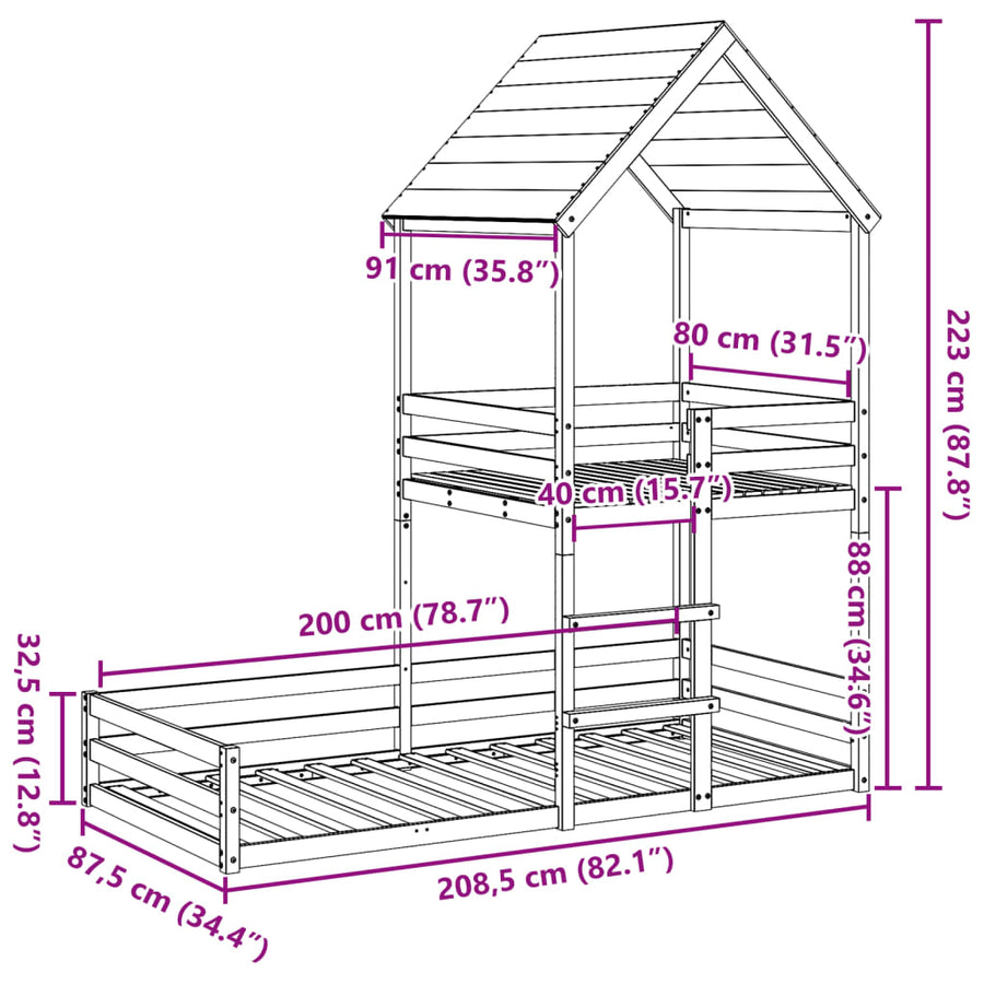 Kinderbed met huisje massief grenenhout wasbruin 80x200 cm
