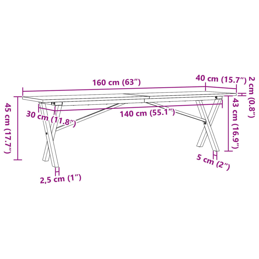 Salontafel X-frame 160x40x45 cm massief grenenhout en gietijzer