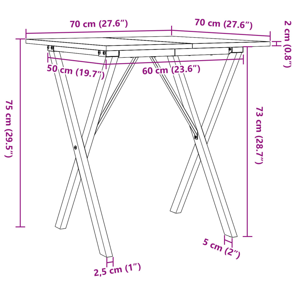 Eettafel X-frame 70x70x75 cm massief grenenhout en staal