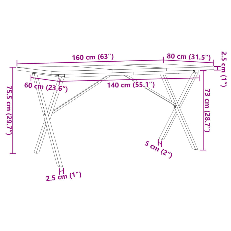 Eettafel X-frame 160x80x75,5 cm massief grenenhout en gietijzer