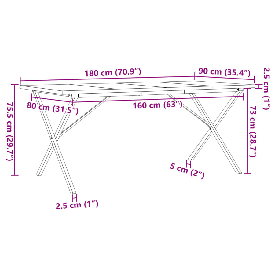 Eettafel X-frame 180x90x75,5 cm massief grenenhout en gietijzer