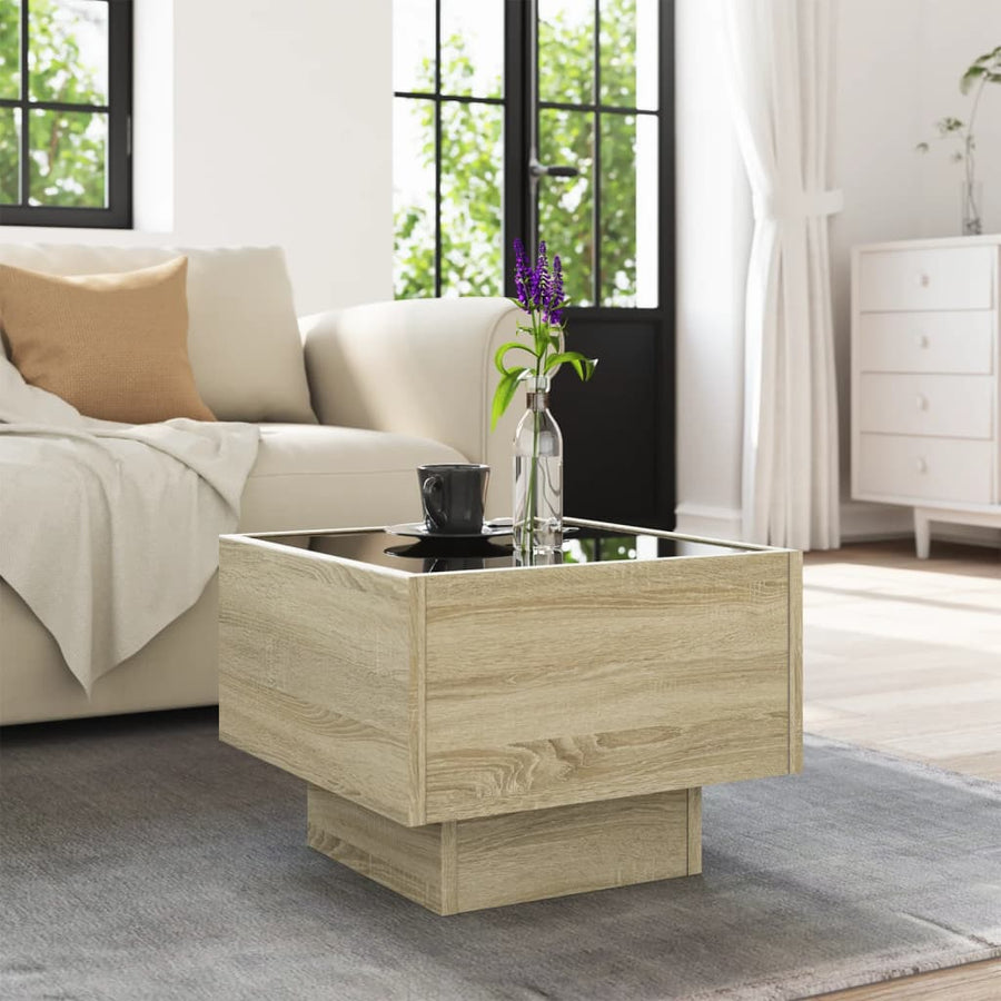 Bijzettafel met LED 40x40x30 cm bewerkt hout sonoma eikenkleur